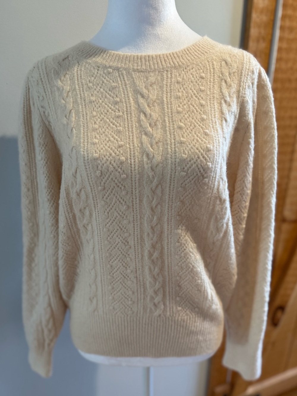 J.Crew Cream Pointelle Classic Crew Cable Knit Women’s Sweater, L